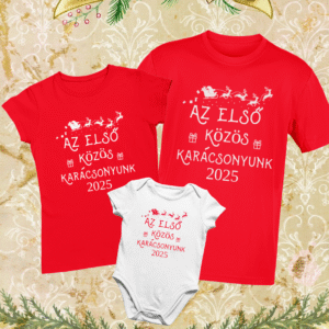 . 2025 Az első közös karácsonyunk rénszarvas Családi Szett 3 db-os piros/fehér